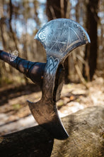 Load image into Gallery viewer, Berserker axe, hand forged axe, viking axe, double axe, felling hatchet, bushcraft axe, groomsmen axe, Vegvisir axe