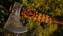 Load image into Gallery viewer, Norse ax with Eagle carvings, carved ax handle, viking ax