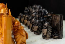 Load image into Gallery viewer, Norse Gods chess, chess set handmade, unique chess set, wooden chess set, chess pieces, viking statue, norse pagan, norse altar