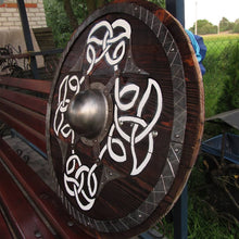Load image into Gallery viewer, Viking Battle Shield, Viking Shield, medieval shield, custom shield, norse shield, larp viking shield