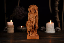 Load image into Gallery viewer, Lilith Wicca Goddess with Lion, Wicca statue, Inanna wooden figure, witch altar, wicca goddess, lilith altar