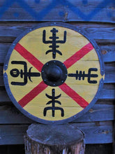 Load image into Gallery viewer, Vegvisir Norse Shield, Vegvisir Battle Shield, medieval shield, custom shield, norse shield, larp