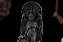 Load image into Gallery viewer, Lilith statue, Black Lilith Wicca Goddess with Lion, Astaroth statue, Inanna wooden figure, pagan statue, pagan altar, wicca altar