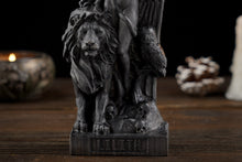 Load image into Gallery viewer, Lilith statue, Black Lilith Wicca Goddess with Lion, Astaroth statue, Inanna wooden figure, pagan statue, pagan altar, wicca altar