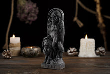 Load image into Gallery viewer, Lilith statue, Black Lilith Wicca Goddess with Lion, Astaroth statue, Inanna wooden figure, pagan statue, pagan altar, wicca altar
