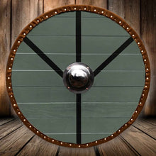 Load image into Gallery viewer, Ladgerta Viking Battle shield, Medieval battle shield, Norse shield, medieval armor, viking decor, sca shield, round shield, warrior costume