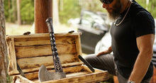 Load image into Gallery viewer, Black Runes Viking ax, throwing hatchet, forged runic ax, throwing ax, gift for men