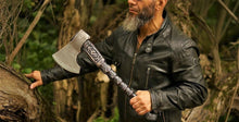 Load image into Gallery viewer, Black Runes Viking ax, throwing hatchet, forged runic ax, throwing ax, gift for men