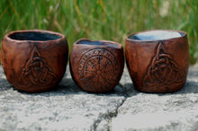 Load image into Gallery viewer, Celtic knot clay mug, celtic ceramic mug, celtic dishes, celtic stuff, pagan ceramic mug, celtic pagan, norse pagan
