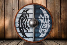 Load image into Gallery viewer, Huginn and Muninn Raven Shield, Viking Battle shield, Norse shield, medieval armor, viking shield, custom shield, round shield, raven shield