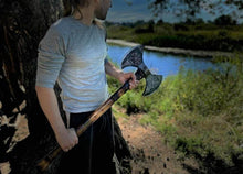 Load image into Gallery viewer, Double Blade Vegvisir Hatchet, Battle axe, Felling hatchet, forged hatchet, viking axe, forged axe, viking armor, large viking axe