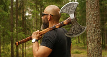 Load image into Gallery viewer, Double Blade Vegvisir Hatchet, Battle axe, Felling hatchet, forged hatchet, viking axe, forged axe, viking armor, large viking axe