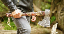 Load image into Gallery viewer, Viking Runic Ax, throwing hatchet, forged runic ax, throwing ax, gift for men