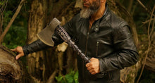 Load image into Gallery viewer, Black Runes Viking ax, throwing hatchet, forged runic ax, throwing ax, gift for men