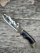 Load image into Gallery viewer, Hunter Knife - Fork, forged hunting knife, hunter gift, meat knife, engraved knife, custom knife, viking knife