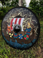 Load image into Gallery viewer, Drakkar Viking Shield, Viking Battle shield, medieval shield, norse shield, larp viking shield, warrior costume, viking decor, round shield