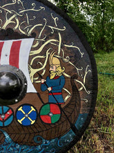 Load image into Gallery viewer, Drakkar Viking Shield, Viking Battle shield, medieval shield, norse shield, larp viking shield, warrior costume, viking decor, round shield