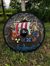 Load image into Gallery viewer, Drakkar Viking Shield, Viking Battle shield, medieval shield, norse shield, larp viking shield, warrior costume, viking decor, round shield