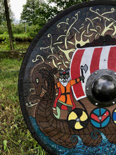 Load image into Gallery viewer, Drakkar Viking Shield, Viking Battle shield, medieval shield, norse shield, larp viking shield, warrior costume, viking decor, round shield