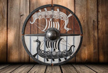 Load image into Gallery viewer, Viking Drakkar battle shield, Viking Shield, viking armor, wood shield, medieval shield, norse shield, larp armor, sca shield, viking decor
