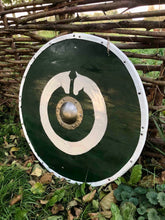Load image into Gallery viewer, Viking Battle shield, Medieval shield, Norse shield, medieval armor, viking decor, round shield, custom shield, combat shield, cosplay
