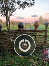 Load image into Gallery viewer, Viking Battle shield, Medieval shield, Norse shield, medieval armor, viking decor, round shield, custom shield, combat shield, cosplay