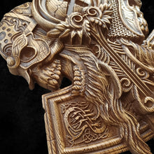 Load image into Gallery viewer, Thor Hammer Wall Decor, Mjolnir Wood Art, Norse Art, Viking Art, Thor Hammer Carvings, Wood Wall Sculpture, custom wall decor