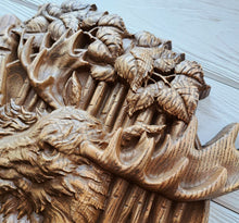 Load image into Gallery viewer, Elk Wood Wall Decor, Deer Wood Art, Elk Carvings, Elk Art, Wood Wall Sculpture, hunter gift, father gift, custom wall decor