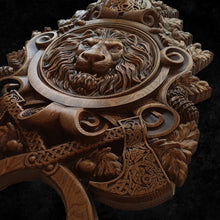 Load image into Gallery viewer, Lion Wood Wall Decor, Lion Wood Art, Carving Art, Wolf Carvings, Lion carvings, Wood Wall Sculpture, custom wall decor