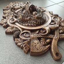 Load image into Gallery viewer, Bear Wood Wall Decor, Grizzly Wood Art, Norse Art, Viking Art, Bear Carvings, Grizzly carvings, Wood Wall Sculpture, custom wall decor