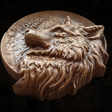 Load image into Gallery viewer, Wolf Wood Wall Decor, Fenrir Wood Wall Decor, Wall Hangings Decor, Viking Art, Pagan Statue, Wood Wall Sculpture, Viking shield, Wolf Decor
