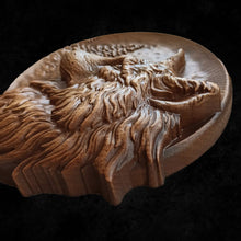 Load image into Gallery viewer, Wolf Wood Wall Decor, Fenrir Wood Wall Decor, Wall Hangings Decor, Viking Art, Pagan Statue, Wood Wall Sculpture, Viking shield, Wolf Decor