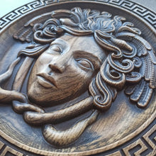Load image into Gallery viewer, Gorgona Wood Wall Decor, Medusa Wood Art, Greek Art, Medusa Carvings, Medusa Gorgona, Greek altar, custom wall decor, greek gods