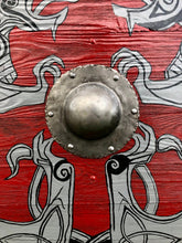 Load image into Gallery viewer, Fenrir Wolf Shield, Geri and Freki wolf, medieval shield, custom shield, norse shield, larp viking shield, viking decor, battle shield