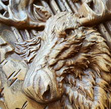 Load image into Gallery viewer, Elk Wood Wall Decor, Deer Wood Art, Elk Carvings, Elk Art, Wood Wall Sculpture, hunter gift, father gift, custom wall decor