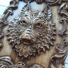 Load image into Gallery viewer, Fenrir Wolf Wood Wall Decor, Fenrir Wood Art, Norse Art, Viking Art, Wolf Carvings, Fenrir carvings,  Wood Wall Sculpture, custom wall decor