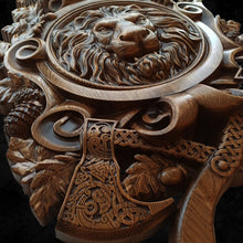 Load image into Gallery viewer, Lion Wood Wall Decor, Lion Wood Art, Carving Art, Wolf Carvings, Lion carvings, Wood Wall Sculpture, custom wall decor