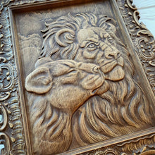 Load image into Gallery viewer, Pair of Lions Wood Wall Decor, Lion Wood Art, Lion Carvings, Lion Picture Carving, Lion ornament, Wood Wall Picture, custom wall decor
