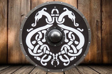Load image into Gallery viewer, Jormungandr Viking Shield, Serpent, medieval shield, norse shield, larp viking shield, viking decor, sca shield, combat shield, round shield