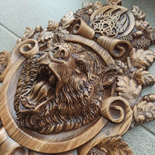 Load image into Gallery viewer, Bear Wood Wall Decor, Grizzly Wood Art, Norse Art, Viking Art, Bear Carvings, Grizzly carvings, Wood Wall Sculpture, custom wall decor