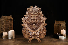 Load image into Gallery viewer, Bear Wood Wall Decor, Grizzly Wood Art, Norse Art, Viking Art, Bear Carvings, Grizzly carvings, Wood Wall Sculpture, custom wall decor