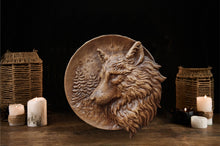 Load image into Gallery viewer, Wolf Wood Wall Decor, Fenrir Wood Wall Decor, Wall Hangings Decor, Viking Art, Pagan Statue, Wood Wall Sculpture, Viking shield, Wolf Decor