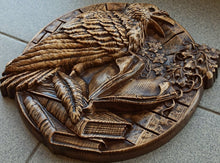 Load image into Gallery viewer, Raven Wood Wall Decor, Raven Wood Art, Norse Art, Viking Art, Odin Raven Carvings, Pagan Statue, Wood Wall Sculpture, Viking shield