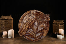 Load image into Gallery viewer, Raven Wood Wall Decor, Raven Wood Art, Norse Art, Viking Art, Odin Raven Carvings, Pagan Statue, Wood Wall Sculpture, Viking shield