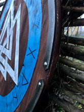 Load image into Gallery viewer, Valknut Battle Shield Viking Shield, Viking Shield, medieval shield, custom shield, norse shield, larp viking shield