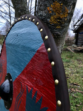 Load image into Gallery viewer, Battle Viking Shield, medieval shield, custom shield, norse shield, larp viking shield, sca shield, round shield, viking decor, cosplay
