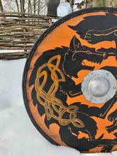 Load image into Gallery viewer, Fenrir Wolf Viking Shield, medieval shield, custom shield, norse shield, larp viking shield, viking decor, battle shield, sca shield
