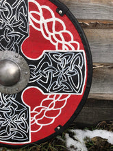 Load image into Gallery viewer, Medieval viking shield, norse mythology, round larp shield, medieval decor, skyrim armor, custom shield