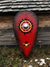 Load image into Gallery viewer, Medieval viking shield, knight shield, medieval decor, role play shield, knight accessory, wooden shield
