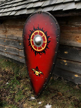 Load image into Gallery viewer, Medieval viking shield, knight shield, medieval decor, role play shield, knight accessory, wooden shield